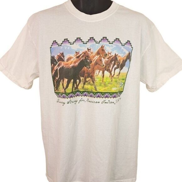 Running Strong For American Indian Youth T Shirt Vintage Y2K Horses Mens Large - Picture 1 of 5